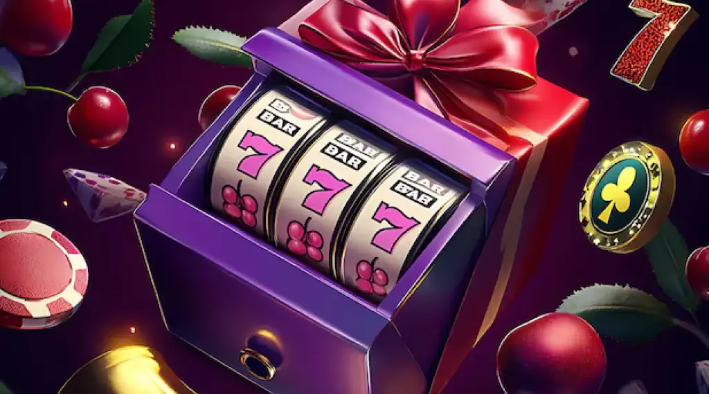 Slot machine-themed gift box with casino symbols and cherries.