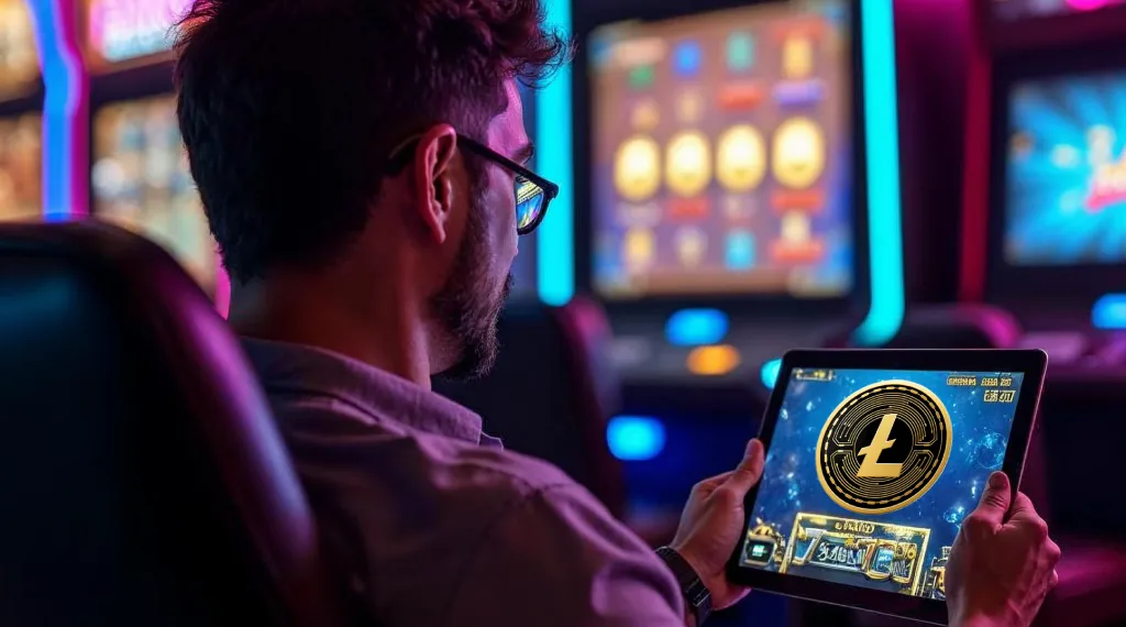 A man playing a Litecoin casino game on a tablet, with slot machines glowing in the background, representing the process of selecting a Litecoin-friendly online casino.