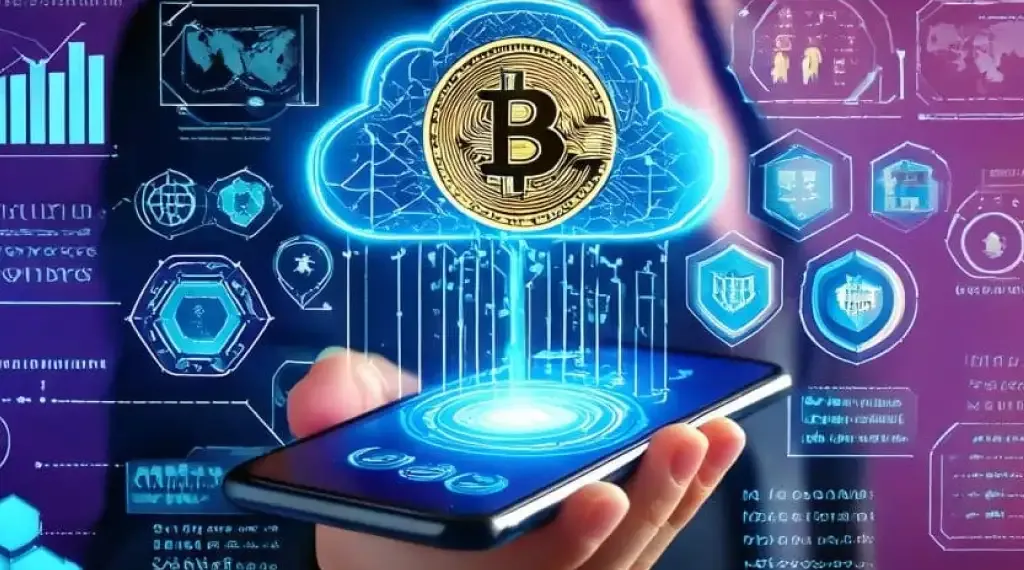 Bitcoin cloud technology concept on smartphone, vibrant graphics.