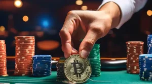 Hand placing Bitcoin on the table.