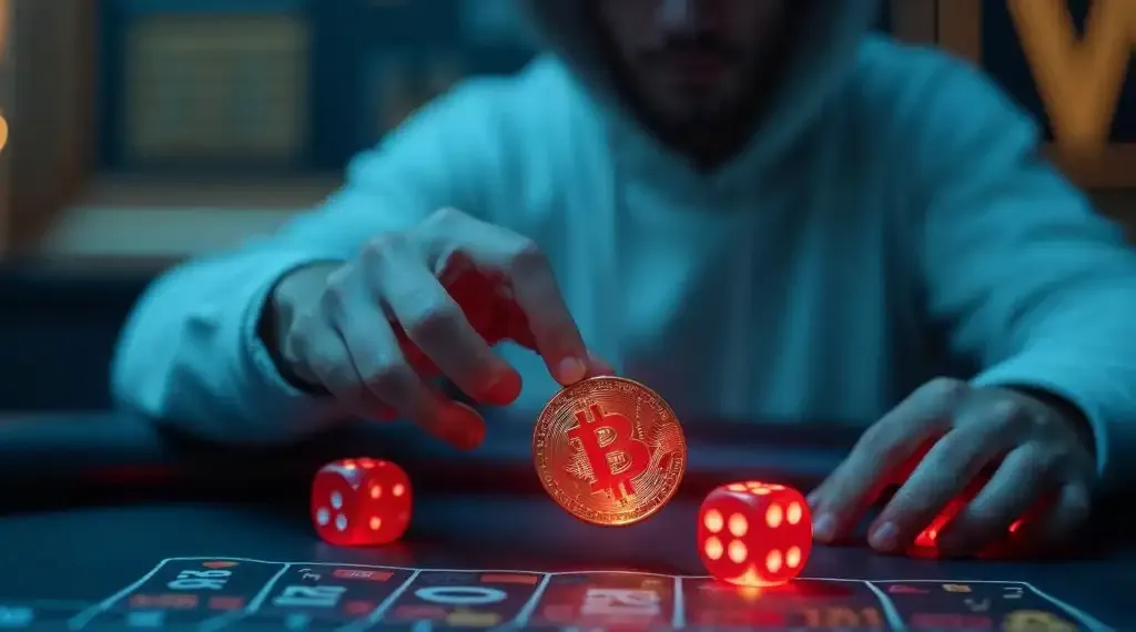 A person in a hoodie placing a Bitcoin chip on a roulette table, with glowing red dice.