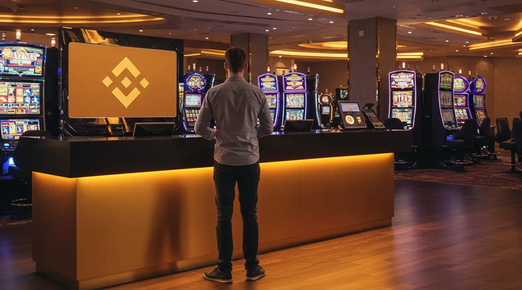 A player at a casino reception with a Binance-branded counter, slot machines in the background, and a digital Binance Coin display.