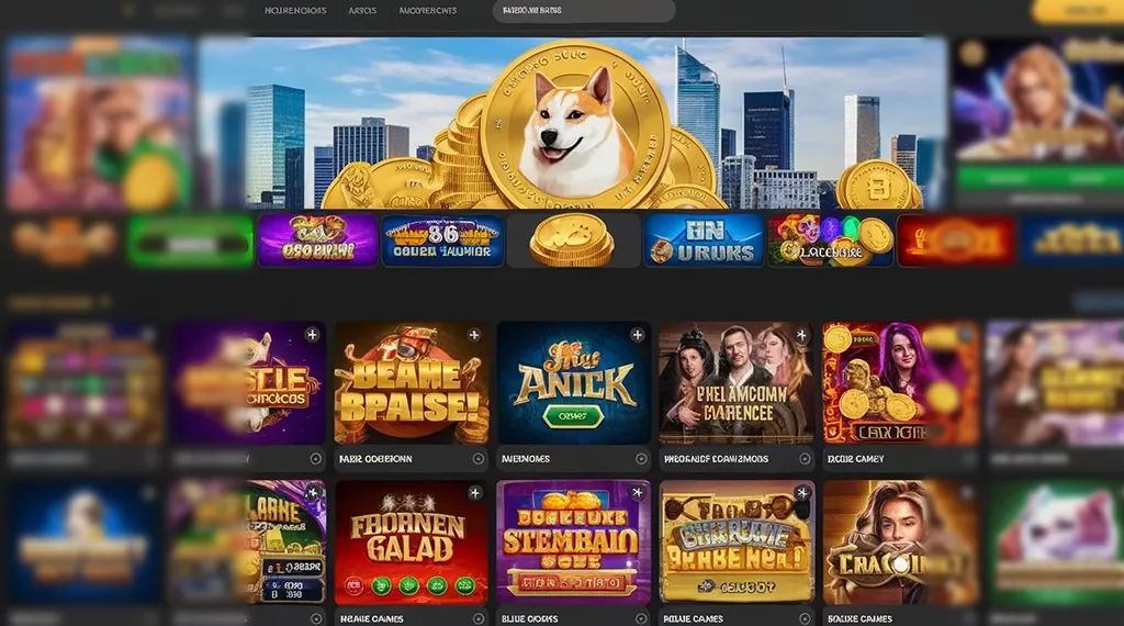 Online casino homepage featuring Dogecoin-themed games and promotions.