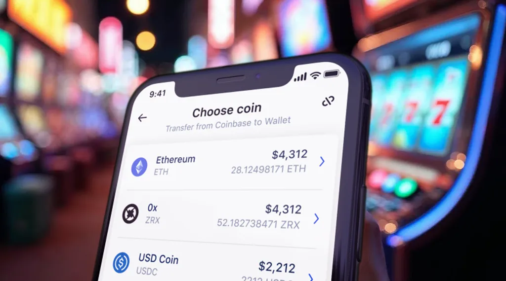 A mobile wallet interface showing crypto balances for Ethereum, ZRX, and USDC, with a casino slot machine in the background.