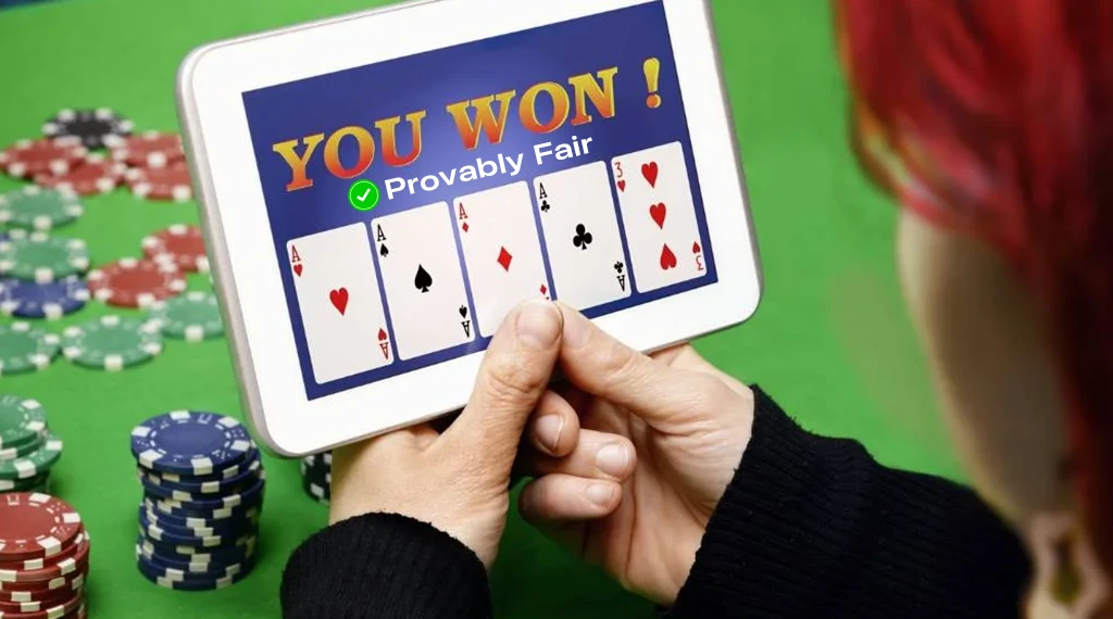 Tablet showing poker win with "Provably Fair" verification badge.
