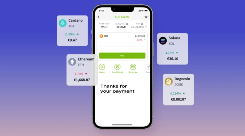 Crypto wallet app on a smartphone displaying various cryptocurrency balances and a payment confirmation message.