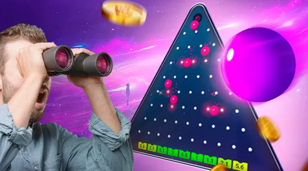 A man looking through binoculars at a futuristic Plinko board with bouncing balls and floating cryptocurrency symbols.