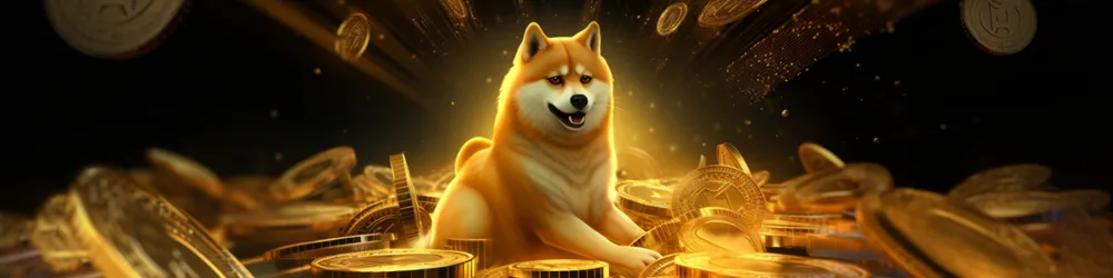 A fox sitting among gold Dogecoin coins.