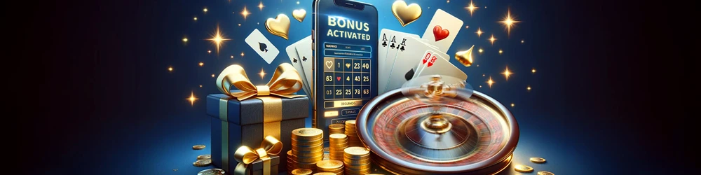 Online casino bonus concept with roulette wheel, playing cards, gold coins, and a mobile screen displaying 'Bonus Activated.'