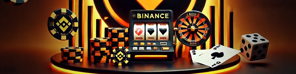 A Binance-themed slot machine with glowing yellow and black aesthetics, surrounded by Binance-branded poker chips, a dartboard, dice, and playing cards.