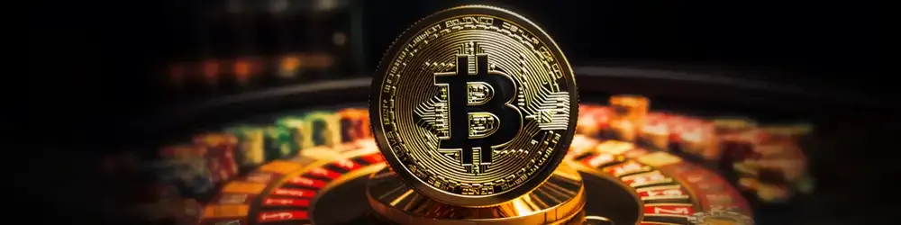 A golden Bitcoin coin placed in front of a roulette wheel, symbolizing cryptocurrency gambling.