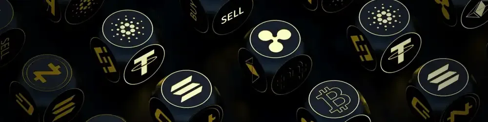 High-tech dice with crypto logos for blockchain gaming.