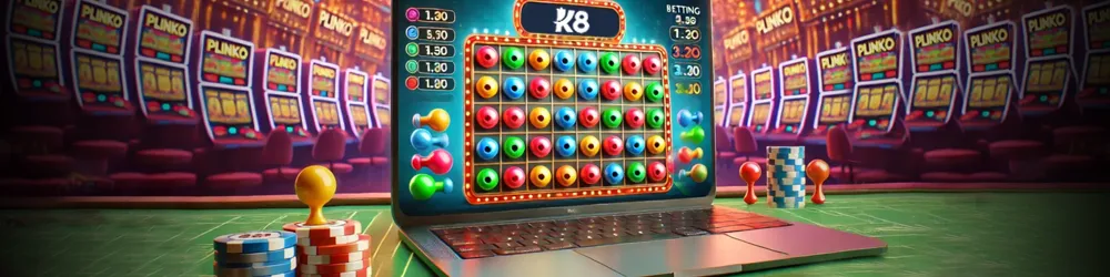 A digital casino scene featuring a laptop displaying a K8 Plinko game, with poker chips and a lively slot machine background.