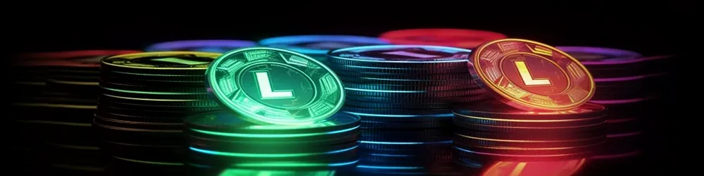 Stacks of glowing Litecoin (LTC) coins in various neon colors, symbolizing digital currency and cryptocurrency transactions in a futuristic setting.