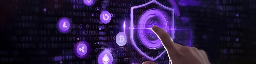 A hand interacting with a futuristic digital interface displaying a security shield and various cryptocurrency icons, symbolizing secure crypto transactions and blockchain protection.