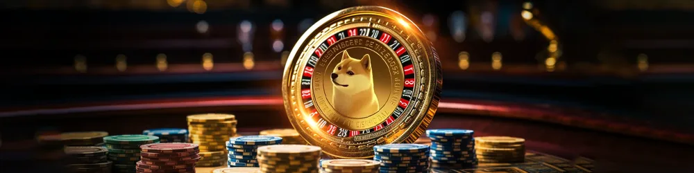 Shiba Inu mascot sitting among gold Dogecoin coins.