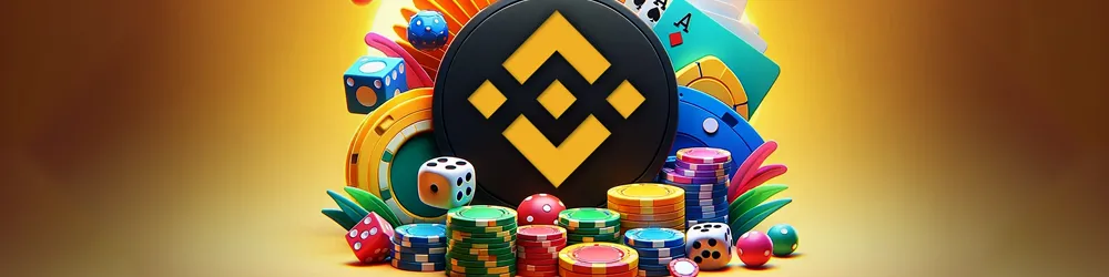 A large Binance Coin symbol at the center, surrounded by colorful casino elements, including poker chips, dice, playing cards, and a roulette wheel.