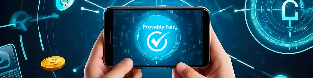 Hands holding phone displaying "Provably Fair" verification symbol.
