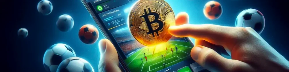 Finger pressing Bitcoin coin on sports betting app screen.
