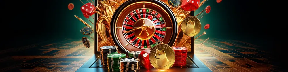 Golden Dogecoin roulette wheel surrounded by chips and dice.