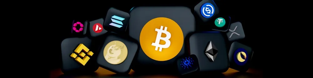 A digital illustration of multiple cryptocurrency icons, including Bitcoin, Binance Coin, Ethereum, and other popular digital assets, set against a dark background.