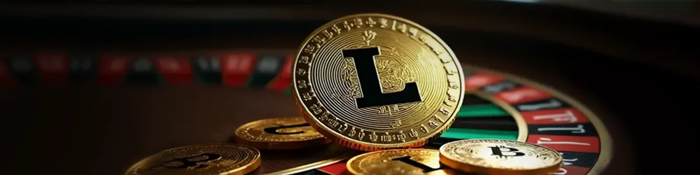 A gold Litecoin (LTC) coin standing upright on a roulette table, surrounded by other cryptocurrency coins, symbolizing crypto gambling.