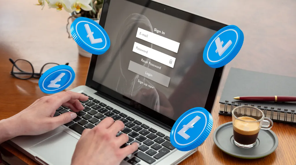 Hands typing on a laptop keyboard with a sign-in screen displayed, surrounded by floating Litecoin coins, symbolizing the account creation process at a Litecoin casino.