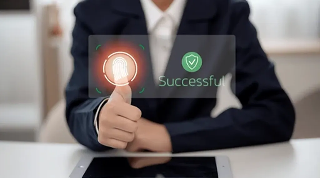 A successful fingerprint authentication shown with a green checkmark and a person's thumbprint.
