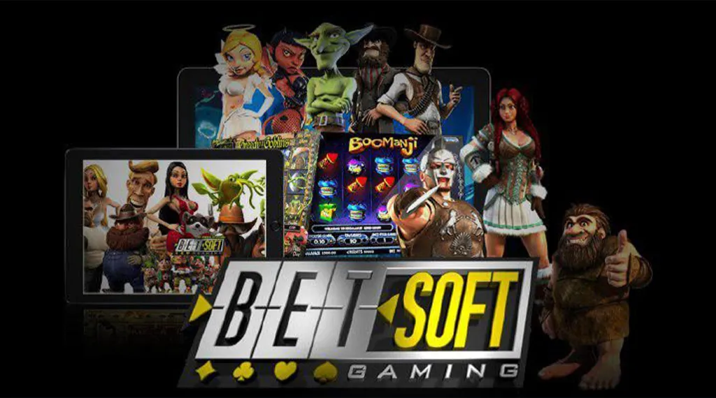 Various Betsoft game characters and slot reels displayed on tablets with the Betsoft logo.