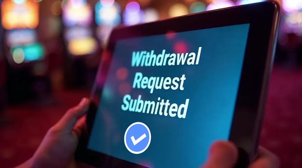 A close-up of a tablet screen in a casino environment, displaying a successful withdrawal request submission.