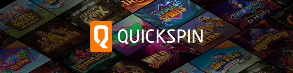 Quickspin logo over a background of popular slot games.