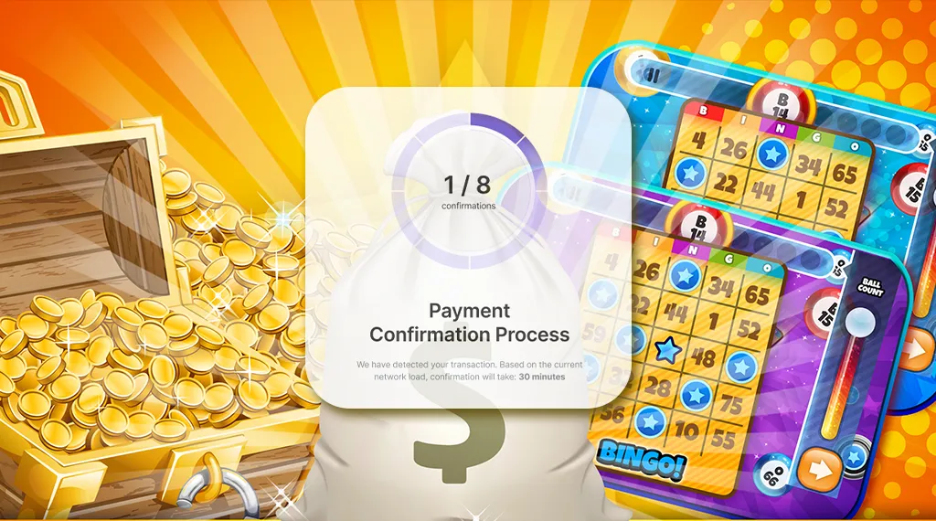A payment confirmation screen with a treasure chest full of gold coins and colorful digital bingo cards.