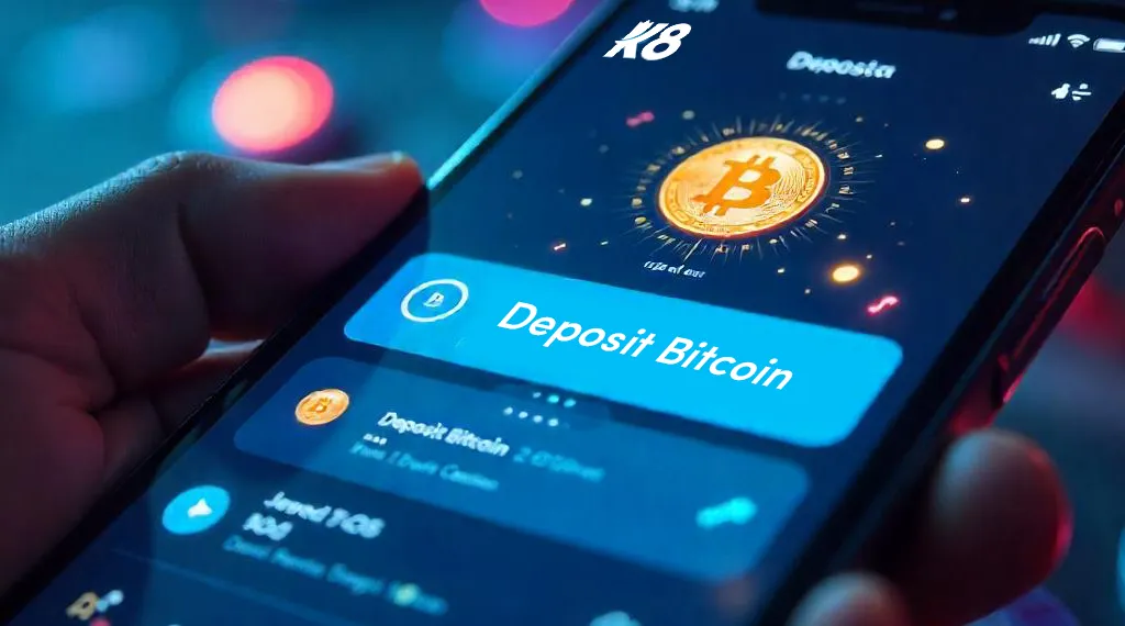 A hand holds a smartphone displaying a Bitcoin app interface. A large Bitcoin symbol glows on the screen with the text “Deposit Bitcoin.” 