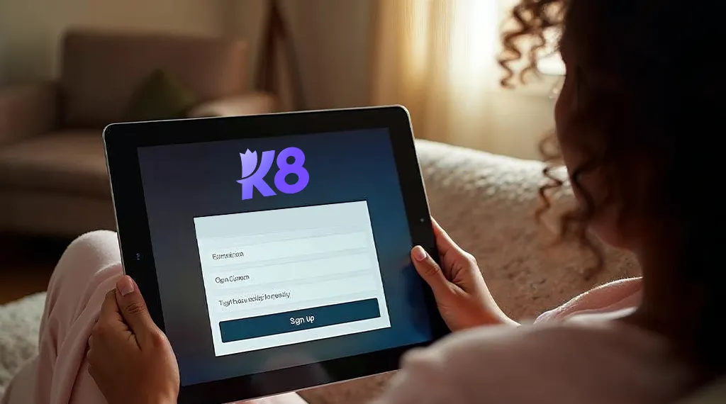 A person signing up on a tablet with the K8 logo and registration form visible.