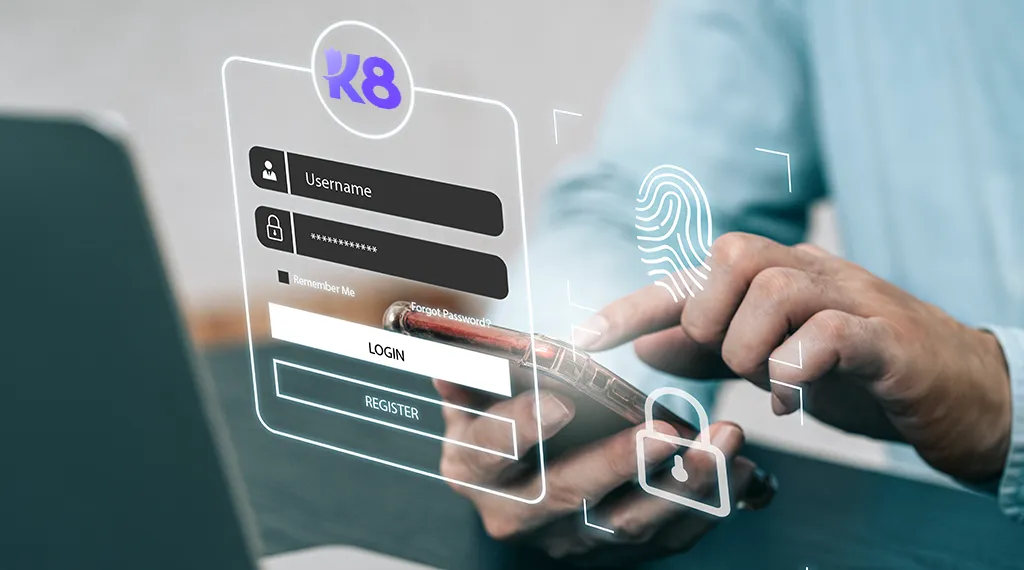 A user registering at K8 online casino using a secure login form with biometric authentication features.