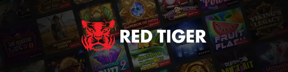 Red Tiger gaming banner with a bold red tiger logo and a background displaying various colorful online casino games.