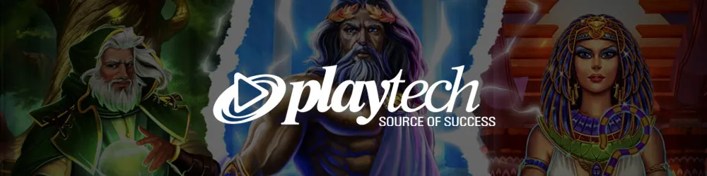 A banner featuring Playtech’s branding with iconic mythical and historical characters, representing the diverse range of online casino games powered by Playtech.