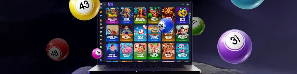 A laptop screen displaying various online bingo games, surrounded by floating bingo balls.