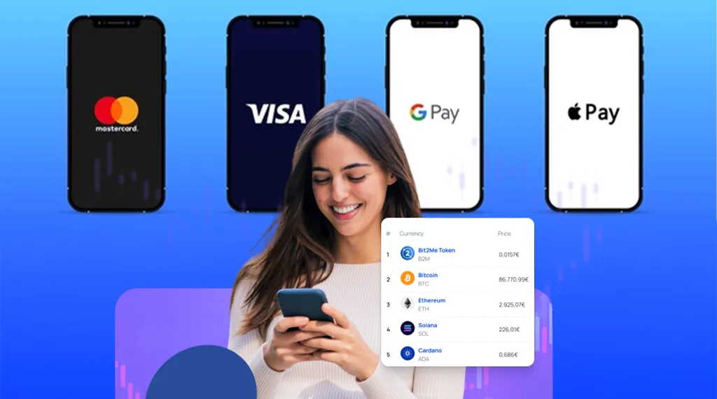 A smiling woman using her smartphone for online payments, with major payment options like Visa, Mastercard, Google Pay, and Apple Pay displayed above.