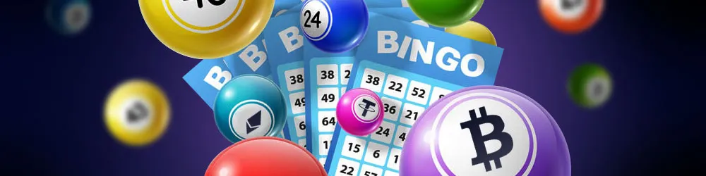 Floating bingo balls featuring cryptocurrency logos like Bitcoin, Ethereum, and Tether, alongside traditional bingo cards.
