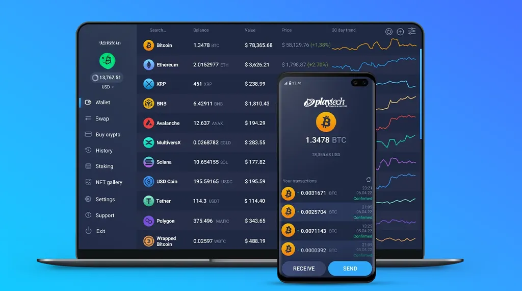 A cryptocurrency wallet interface on a desktop and mobile screen, showing various crypto balances and market trends.