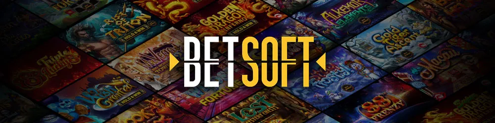 Betsoft logo with a background of various slot games from the provider.