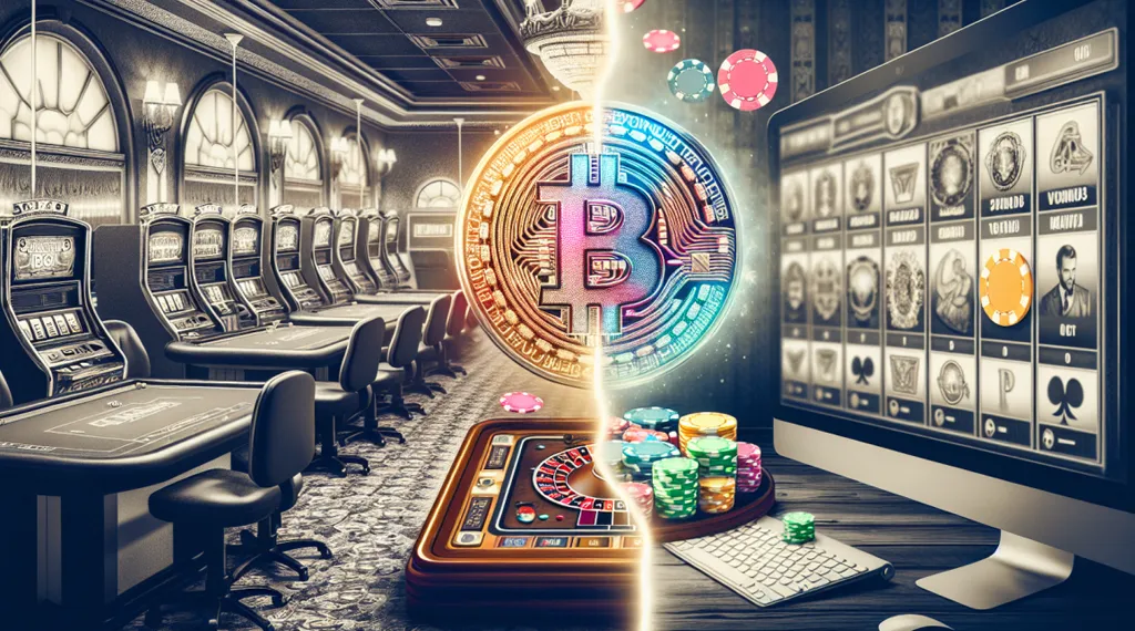 Split image of a casino and a digital platform. Left shows slot machines and poker tables in sepia tones; right features online gambling with colorful chips and a Bitcoin symbol.