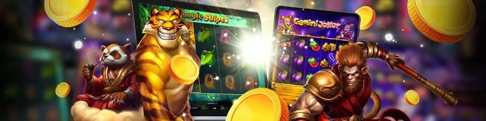 Various slot game characters with golden coins and game reels, featuring animals and a warrior, on multiple devices.