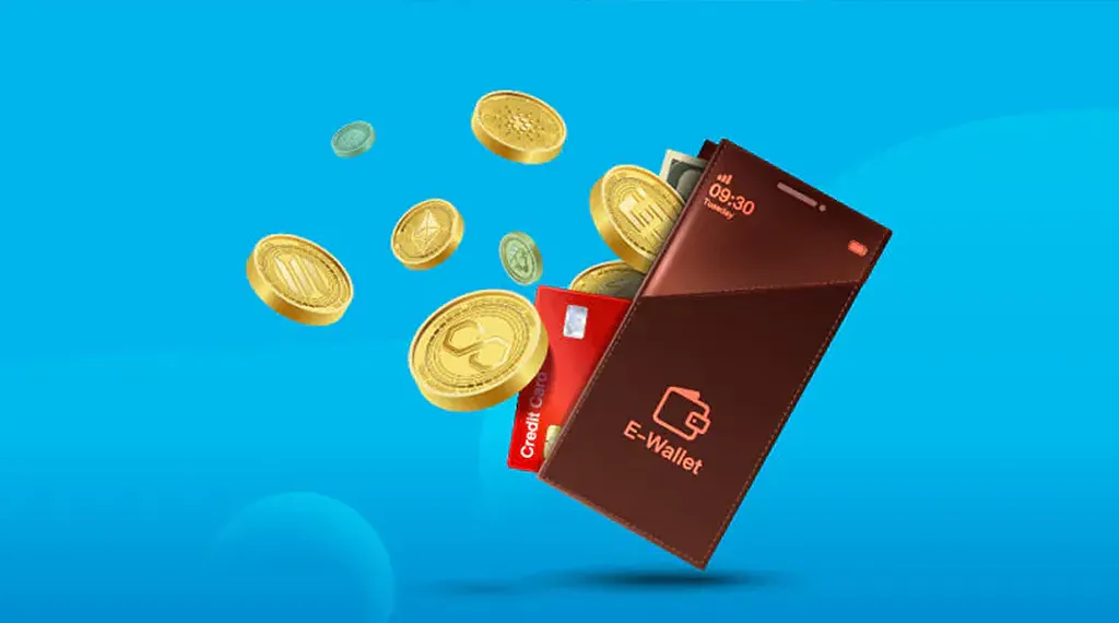 An e-wallet with credit cards and coins floating out, set against a blue background.