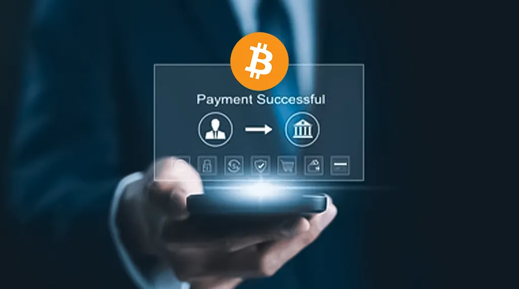 Mobile payment confirmation screen with Bitcoin logo, indicating a successful transaction.