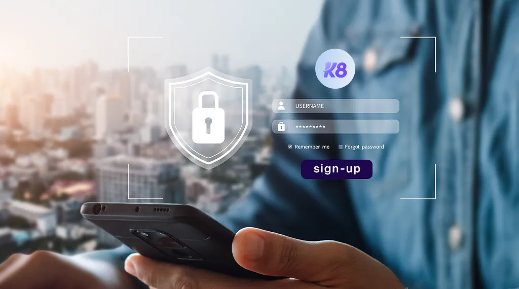 Secure login screen with K8 Casino sign-up form on a mobile device.