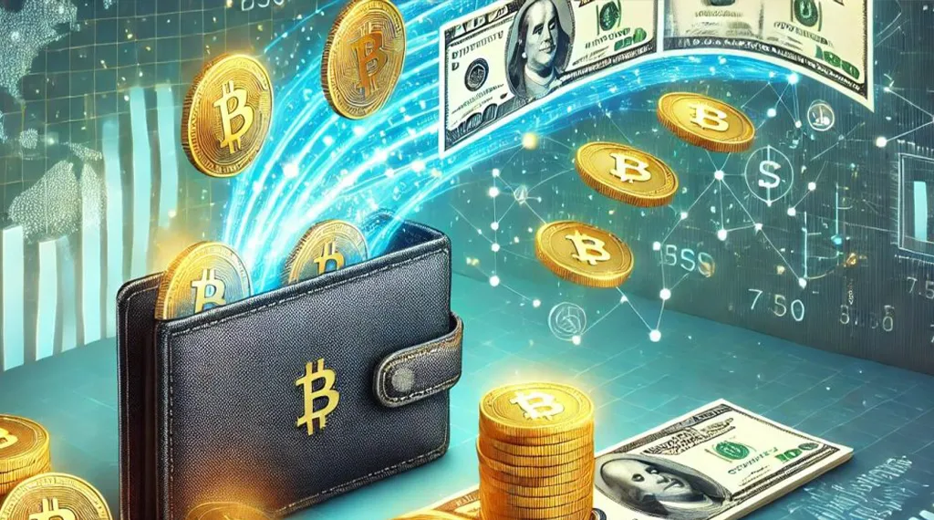 A digital wallet with Bitcoin coins and US dollars flowing in, symbolizing cryptocurrency transactions.