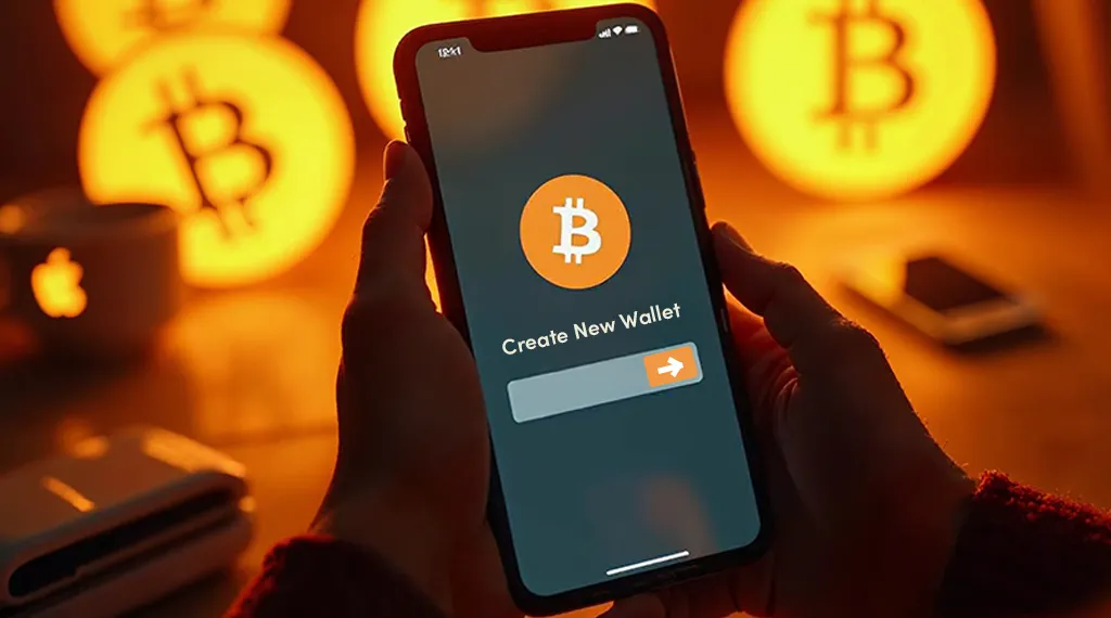 Person holds a smartphone displaying a "Create New Wallet" screen with a Bitcoin logo. The background has a warm glow from large Bitcoin symbols.