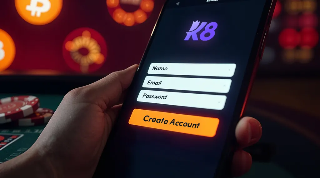 A person holds a smartphone with a sign-up screen for a service called "K8," displaying fields for name, email, and password. The "Create Account" button is prominent and highlighted in orange. 